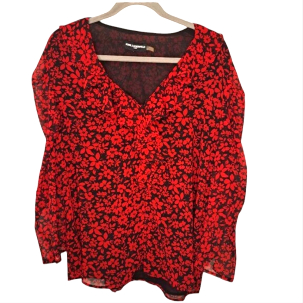 Karl Lagerfeld Black and Red Floral Button Up Ruffle Blouse
